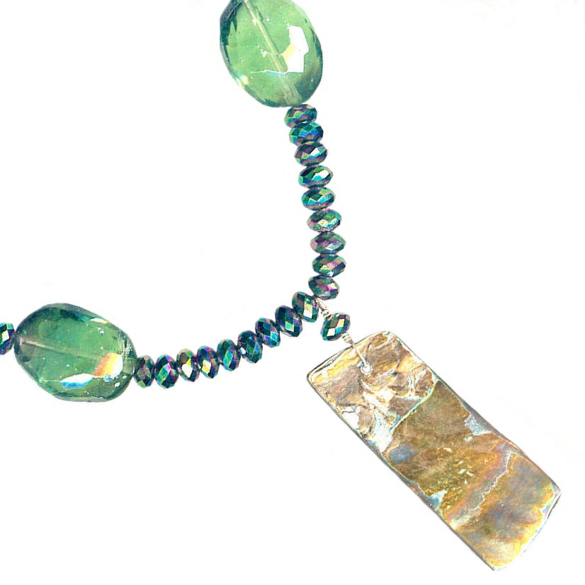 Large chunky emerald green glass abalone pendant OOAK necklace