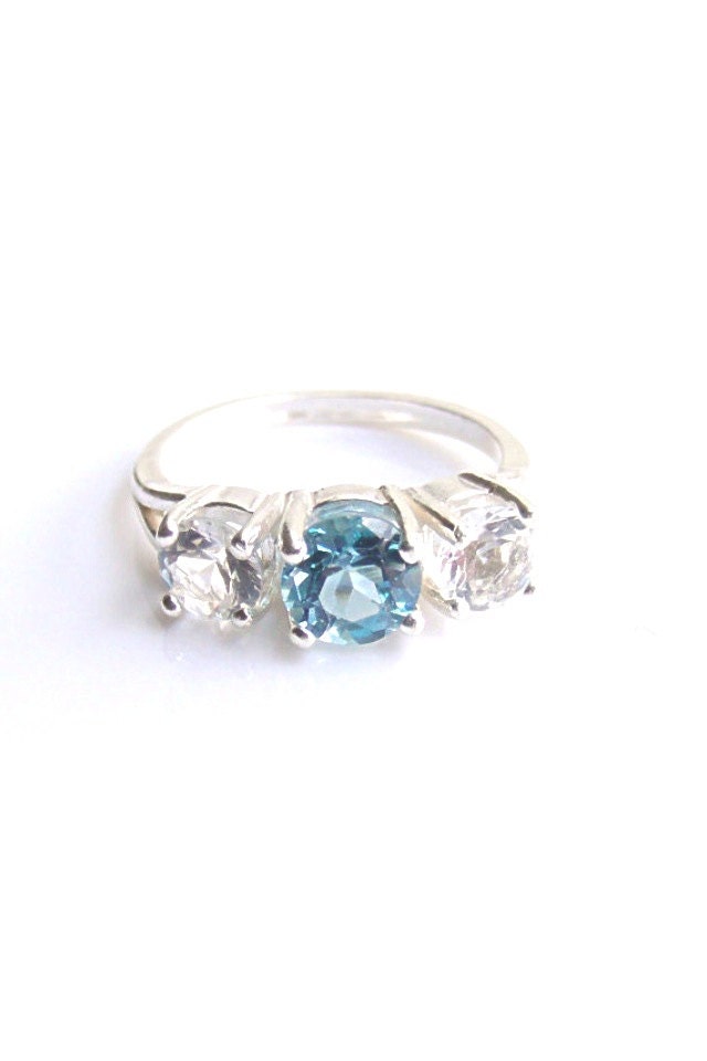 London Blue White Topaz Three Stone Ring Sterling Silver Ready to ship size 7