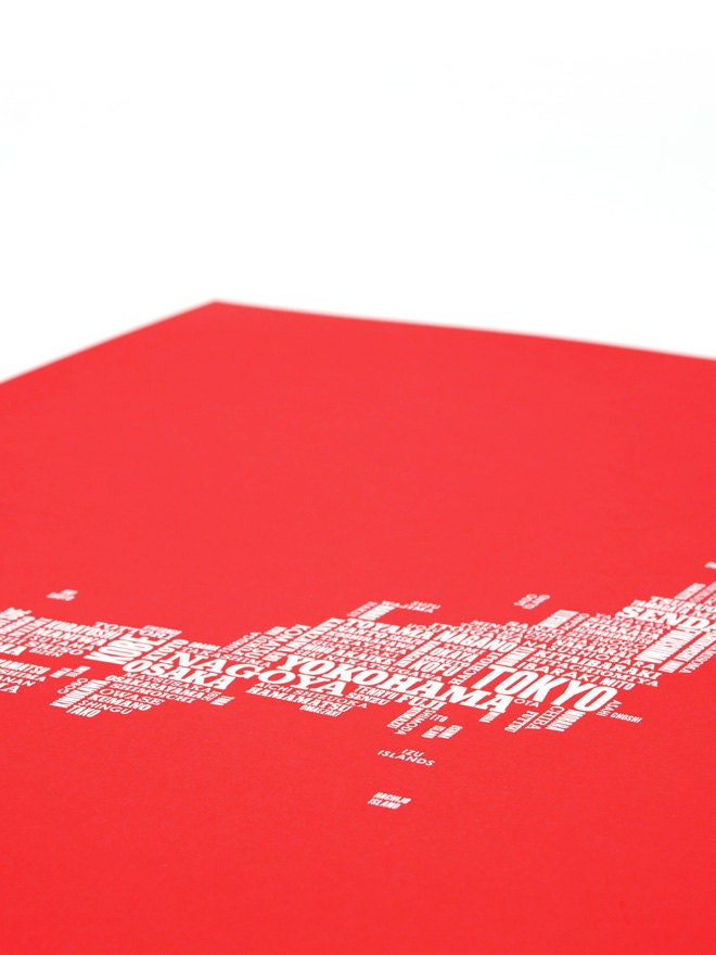 Japan Type Map in Poppy Red - decorative screen print