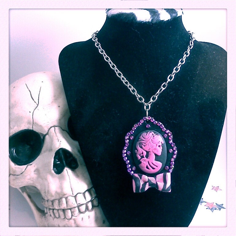 Hot Pink and Black Lady Death Cameo Necklace with Pink Zebra Print Bow and Swarovski Rhinestones