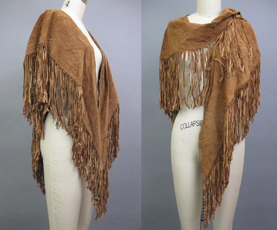 Vintage Brown Leather Suede Fringe Shawl Scarf // by Threadhunter