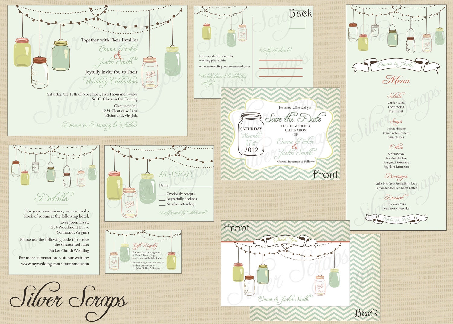 Vintage Hanging Mason Jars - Custom Deluxe Wedding Invitation Suite - RSVP, Details, Registry, Thank You, Menu, Save the Date - Printable