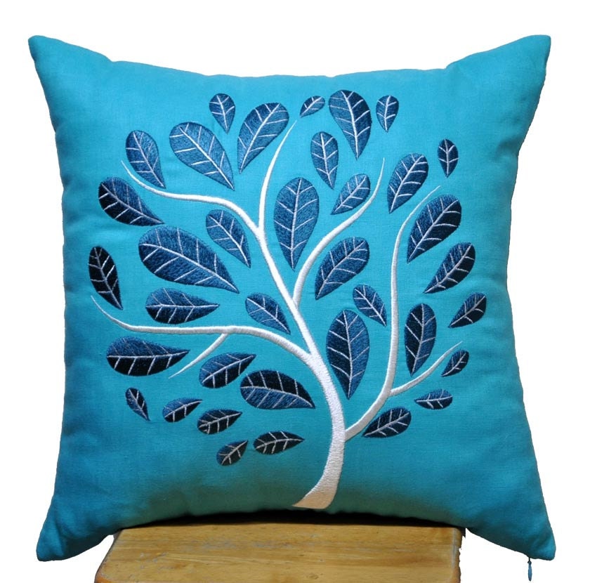 Blue Peacock Pillow Cover, Decorative Throw Pillow Cover, Deep Blue Peacock on Teal Linen Pillow, Pillow Accent Teal, Pillow Case 18 x 18