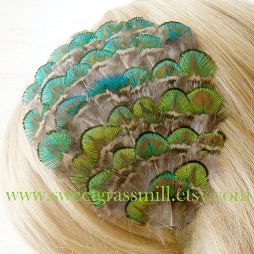 Peacock Headband - PROTEGEE - Golden Green Peacock Feathers - Choose Headband or Clip