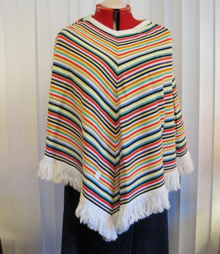 1960s Vintage Rainbow Striped Knit Poncho New Deadstock