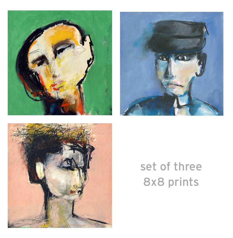 Set of 3 Art Prints Faces colorful, Modern and Energetic, 8x8 each available larger