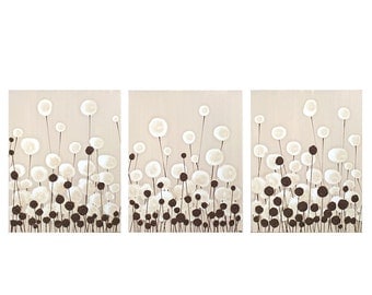 Extra Large Minimalist Art - Textured Flower Modern Wall Art - Neutral Brown Painting - 62X24 Canvas Triptych  - IN STOCK