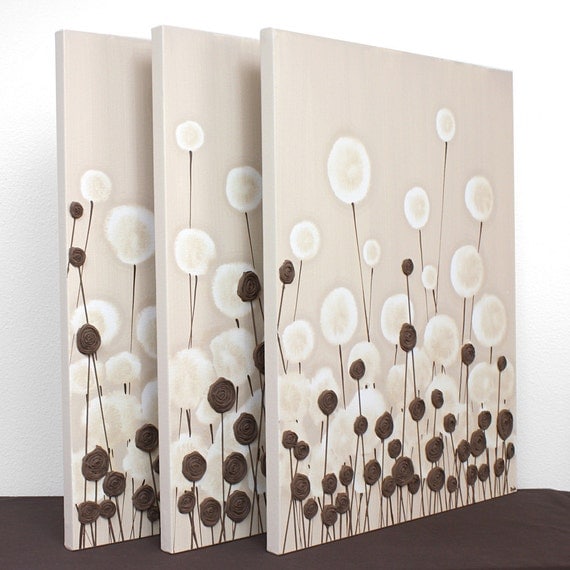 Large Modern Art - Original Textured Flower Painting - 50X20 Triptych Canvas - Brown Neutral Art - IN STOCK