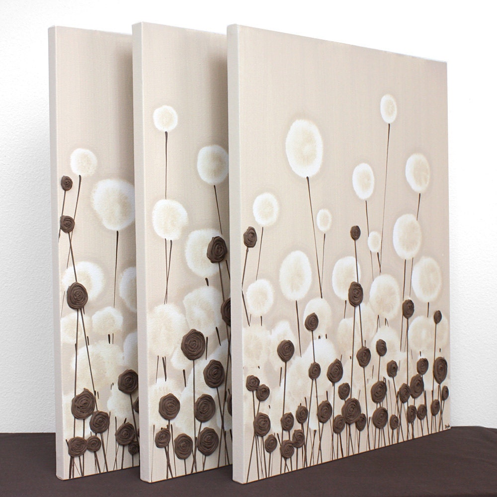 Large Modern Art - Original Textured Flower Painting - 50X20 Triptych Canvas - Brown Neutral Art - IN STOCK