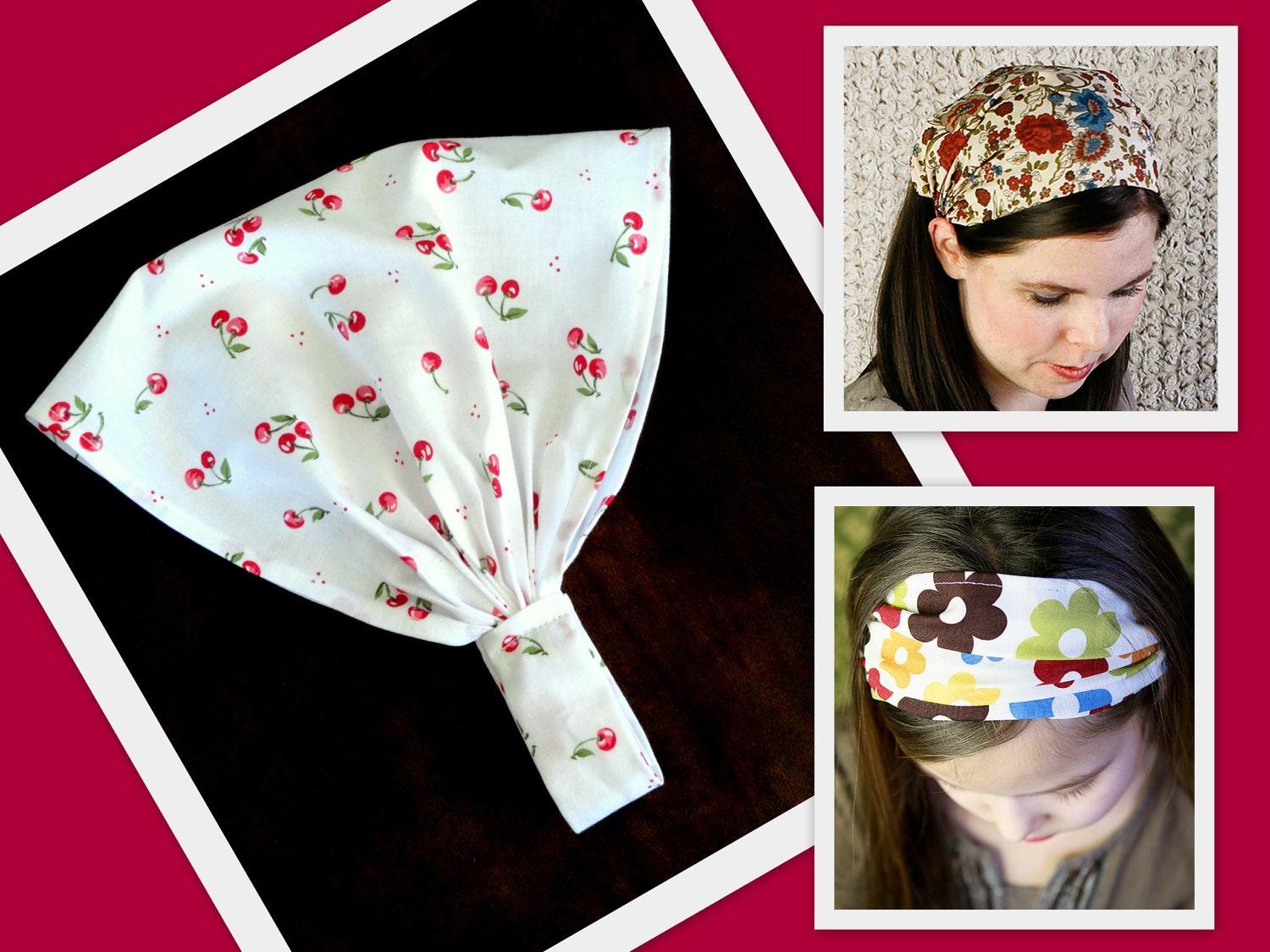 Retro Cherry Boho Headband Bandana Bohemian Headband Wide Fabric Headband Women Bandana Bandanna Head band Head Wrap Hair Scarf Headcovering