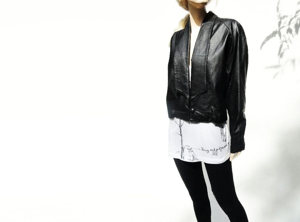 Pierre Cardin Vintage Leather Jacket Black 1980s Cropped Boxy Jacket