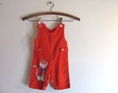 Vintage red kids corduroy Bib Overalls / pants with applique cat - dirtybirdiesvintage
