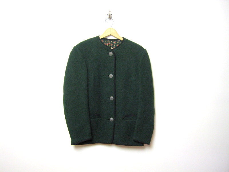 vintage 1970s dark green wool sweater coat // heart lining