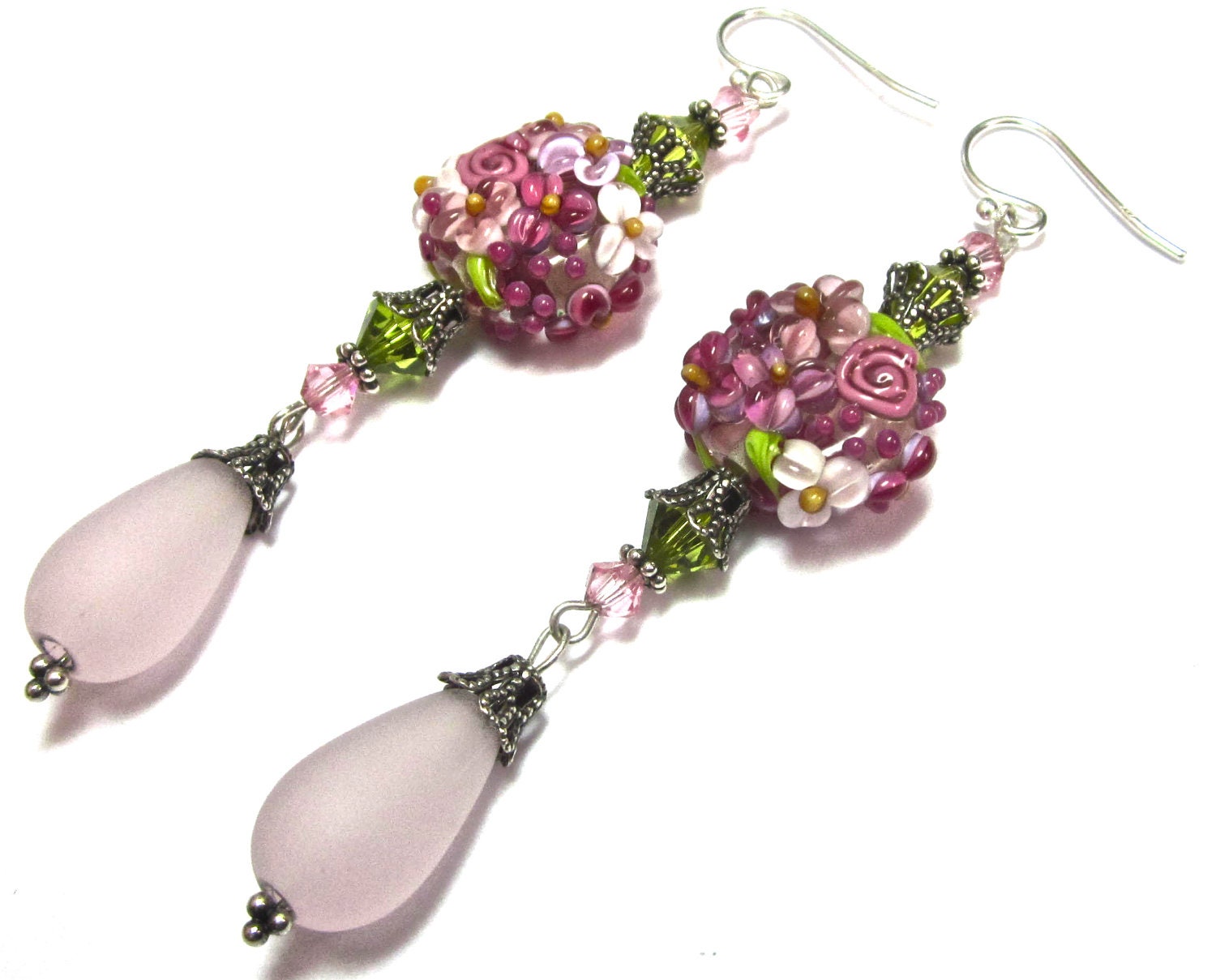 Lampwork Earrings, Handmade Lampwork Beads, SRA Artist, Flower Earrings, Swarovski Crystals, Sterling Silver Earwires, Sea Glass Tear Drops