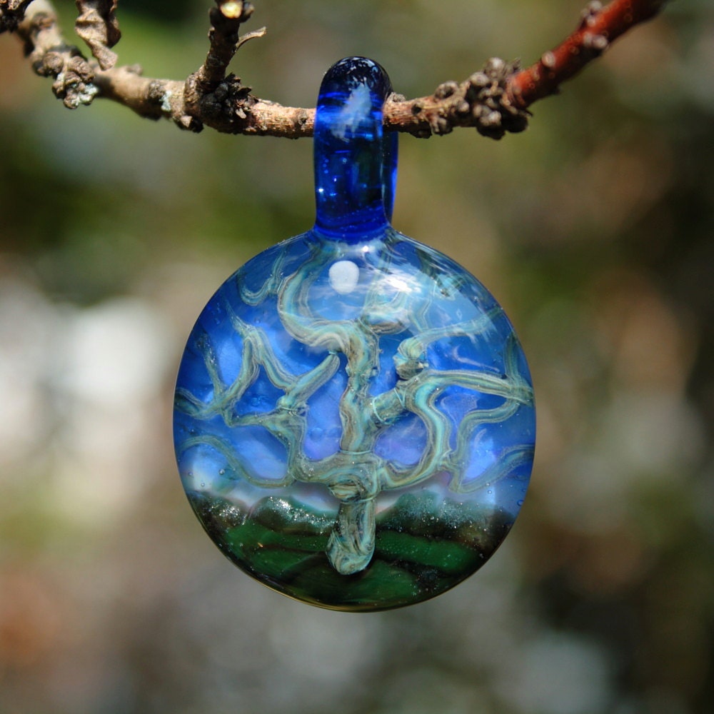 Twilight Tree under a Full Moon , Bella Glass Flamework  Slide Pendant.