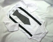 Perfect birthday party onesie or shirt. Gray tie and black suspenders. Add a mustache for a little man mustache party