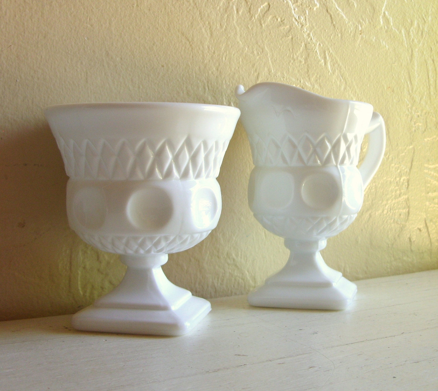 Beautiful Pair of Vintage White Glass Vases Cups with Matching Design Set