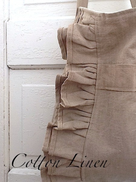Womens Linen Bag, French Satchel Small Tote, Ruffled Bag, French Cotton Linen, Hand Made, Natural Woman