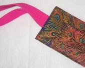 Purple and pink peacock feather luggage tag with pink strap