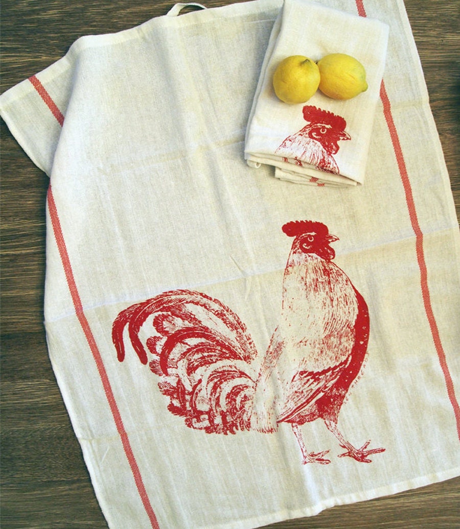 Towel Set of 2 - Urban ROOSTER Red Stripe Herringbone Kitchen Dish Towels - Renewable Natural Cotton