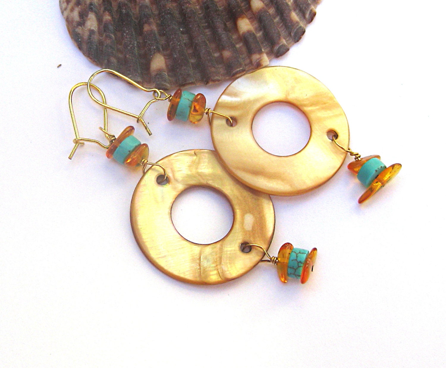 Bohemian earrings, turquoise, Baltic amber, mother of pearl hoops