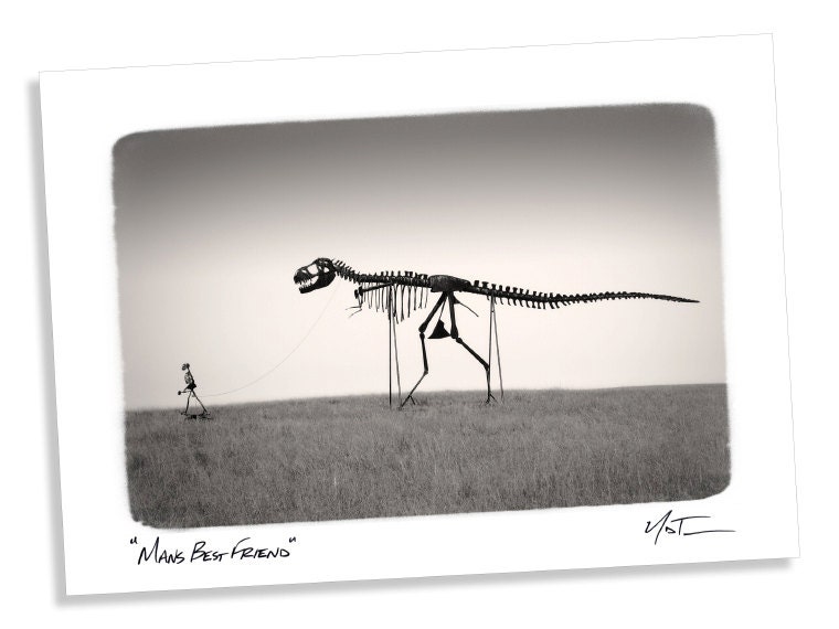Dinosaur Photo Greeting Card "Mans Best Friend" 5x7 Blank Card, Black and White Photo Card, Dinosaur Card, Note Card, Skeleton Art Card