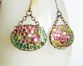 Vintage Snakeskin Helio Earrings Vintage Iridescent Glass Fishscale Cabochons Pink Green