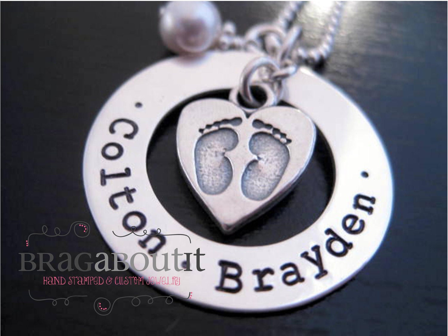 Personalized Jewelry - Hand Stamped Necklace - Footprints Around My Heart
