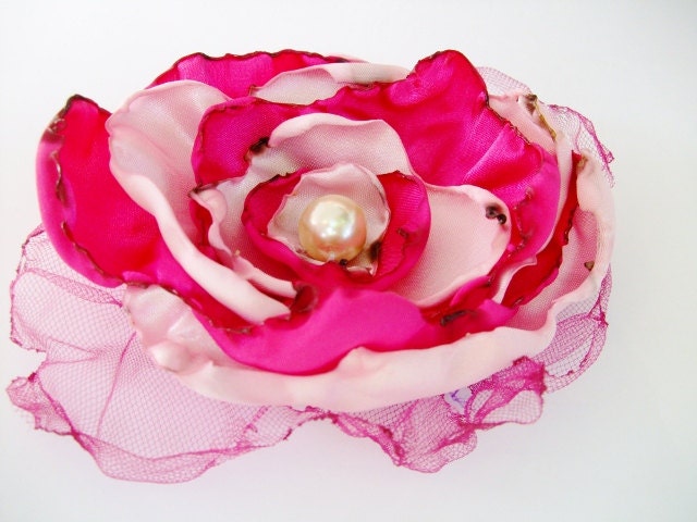 Pink and Fuchsia Flower Accessory, Hair Clip or Brooch, Bridal Sash, Wedding