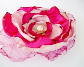Pink and Fuchsia Flower Accessory, Hair Clip or Brooch, Bridal Sash, Wedding