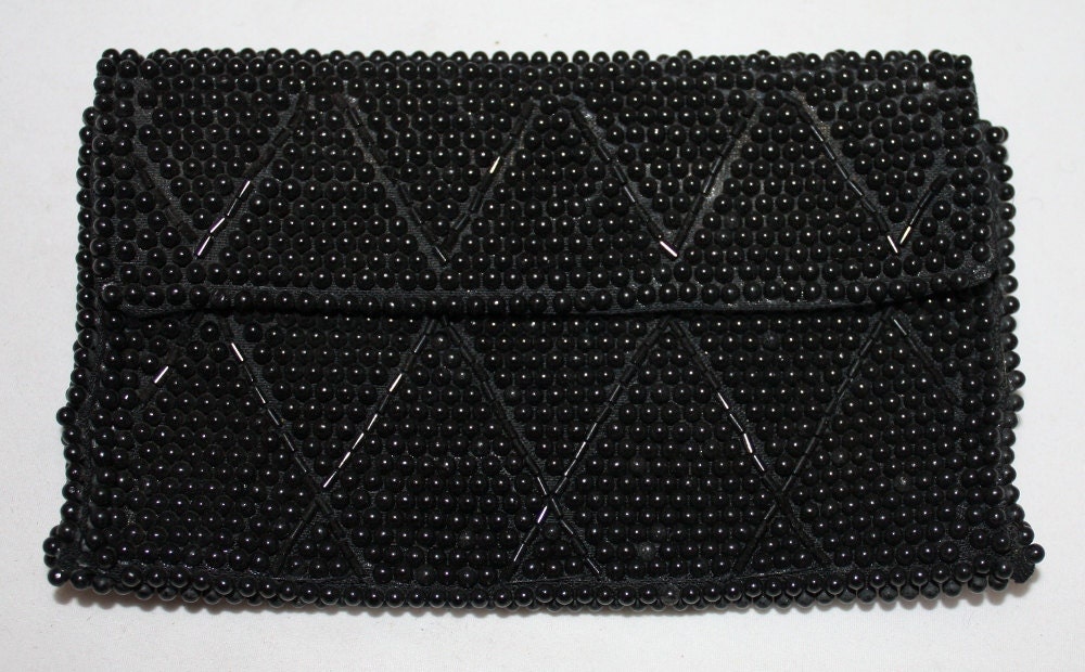 Vintage Black Beaded Change Purse, 1940's