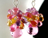Pink Topaz, Citrine, Amethyst and Quartz Silver Dangle Earrings