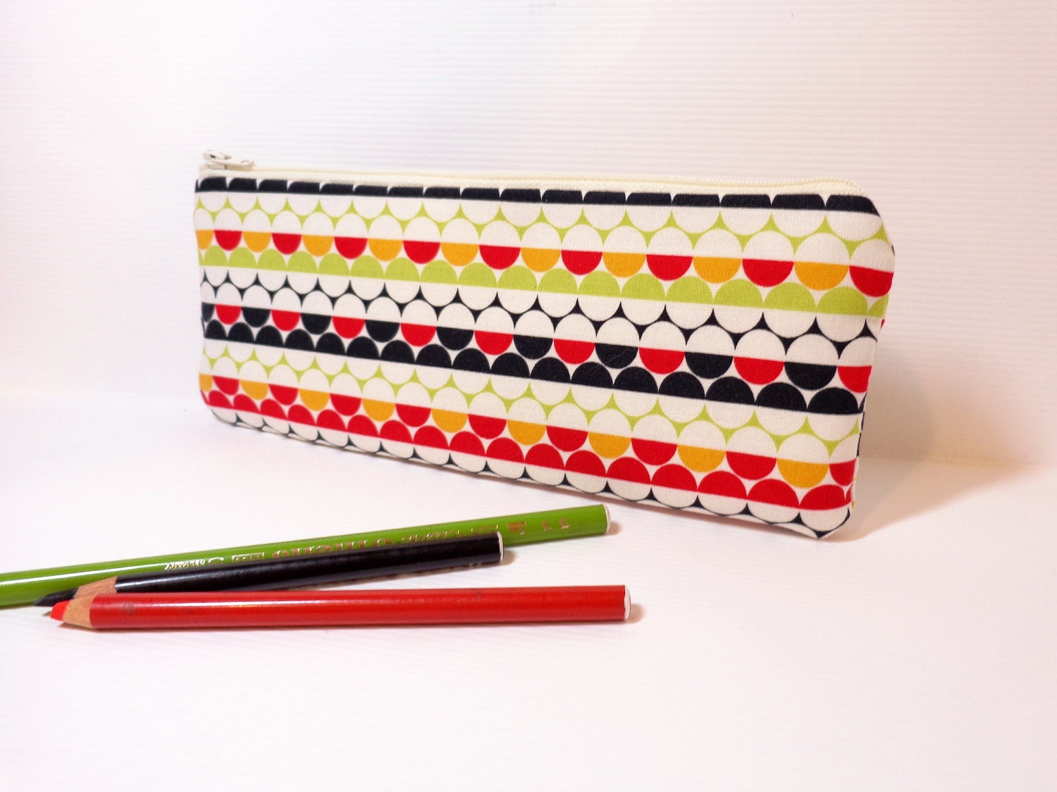Pencil Case Zipper Pouch Cotton Pouch Circles in Red, Lime and Gold