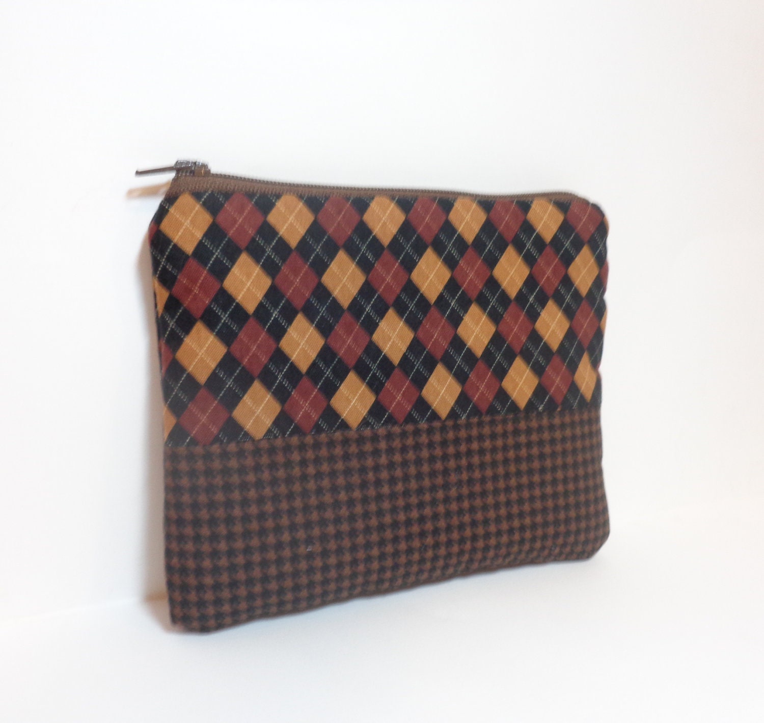 Small Pouch Small Wallet Small Coin Purse Argyle and Houndstooth in Brown - handjstarcreations
