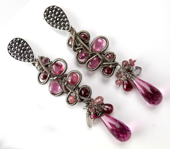 Pink Sapphire Post Earrings Wire Wrapped Gemstone Earrings Oxidized Silver Wire Coiled Wire Fuchsia Magenta Spring Fashion