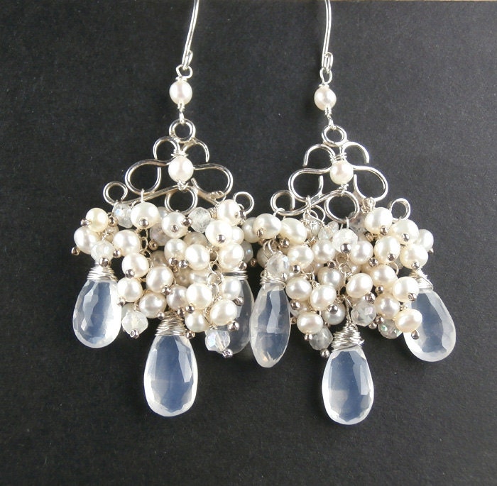 Bridal Jewelry Chandelier Wedding Earrings Pearl Wire Wrapped Sterling Silver Handmade Chandelier Earrings Luxury Bridal Earrings