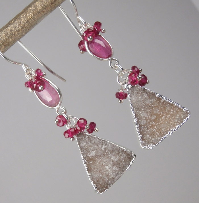 ON SALE - 40% OFF - Druzy Earrings Dangle Earrings Beige Greige Jasper Slice Pink Sapphire Luxury Fall Fashion Beach Wedding -Roses