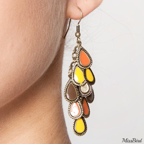 Enamel Chandelier Leaves Ochre Tones Earrings