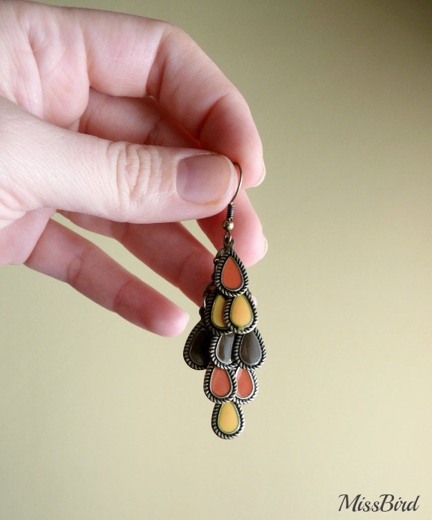 Enamel Chandelier Leaves Ochre Tones Earrings