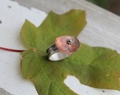 Sterling Silver/Copper Ring. small flower design. abstract ring. Hammered copper. hand stamped. words.