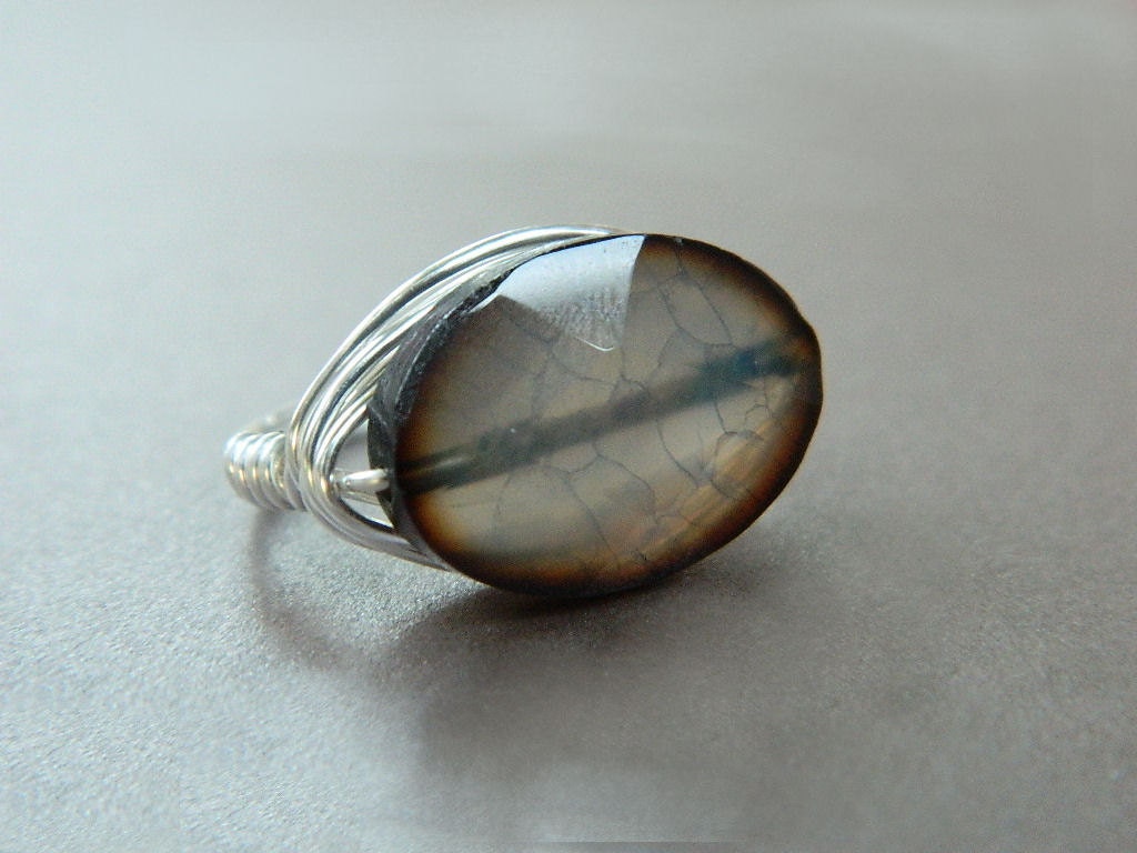 Wire Wrapped Ring - To Order - Stone, Crystal, Grey, Gray, Shadow, Cloudy, Light Grey, Bright, Bride, Bridal, Night, Romantic, Lovely