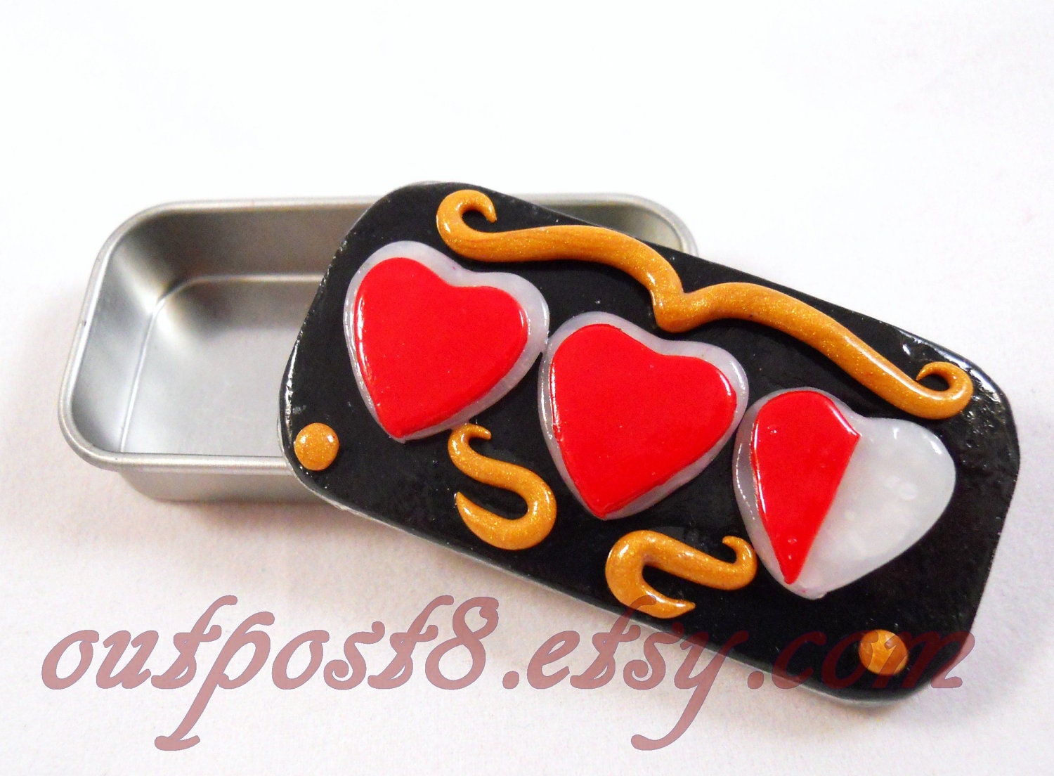 Legend of Zelda inspired trinket box. Heart meter. Polymer clay, tin. Free US shipping.