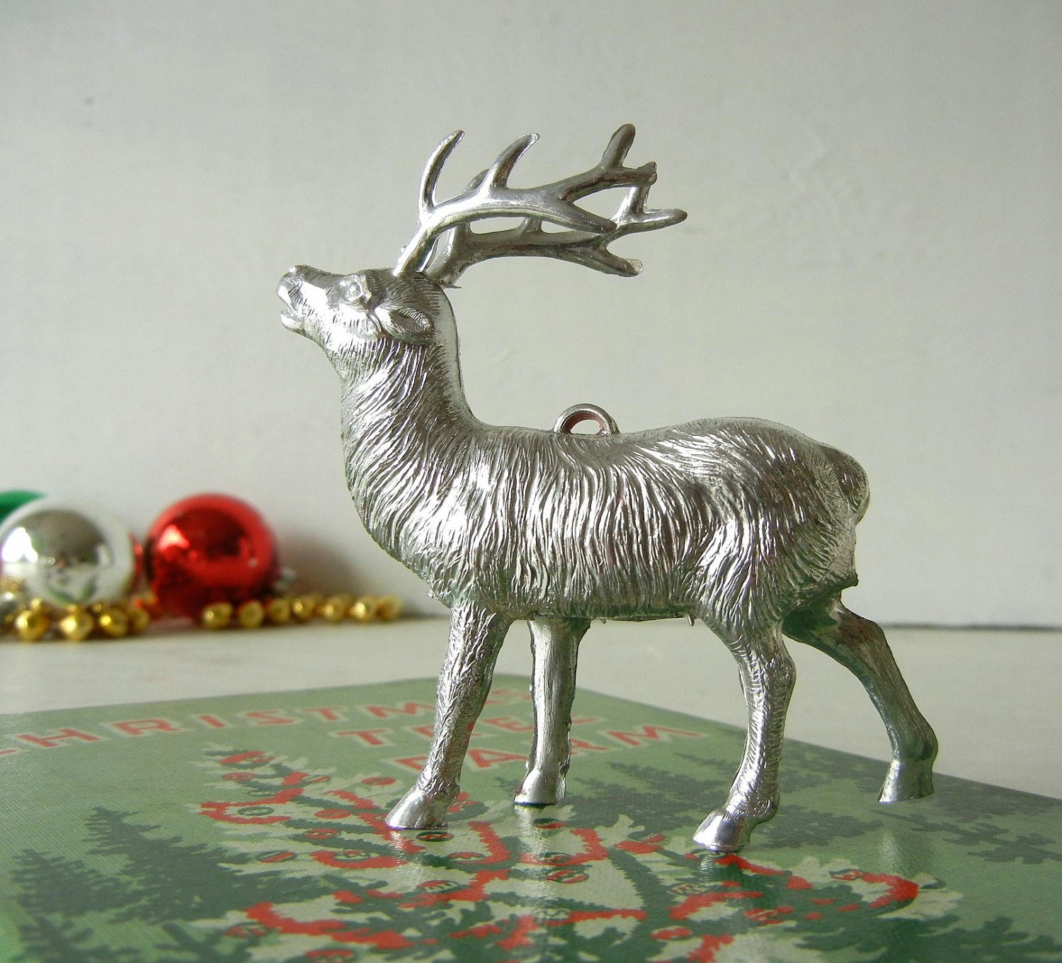 Vintage Christmas Ornament Silver Plastic Reindeer