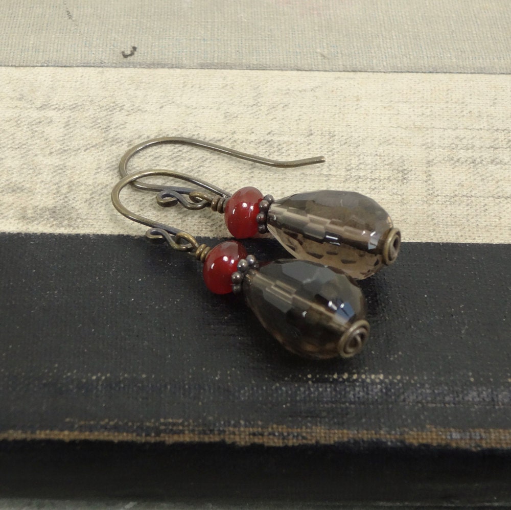 Brown Smoky Quartz Red Carnelian Aged Brass Gemstone Renaissance Earrings - J194