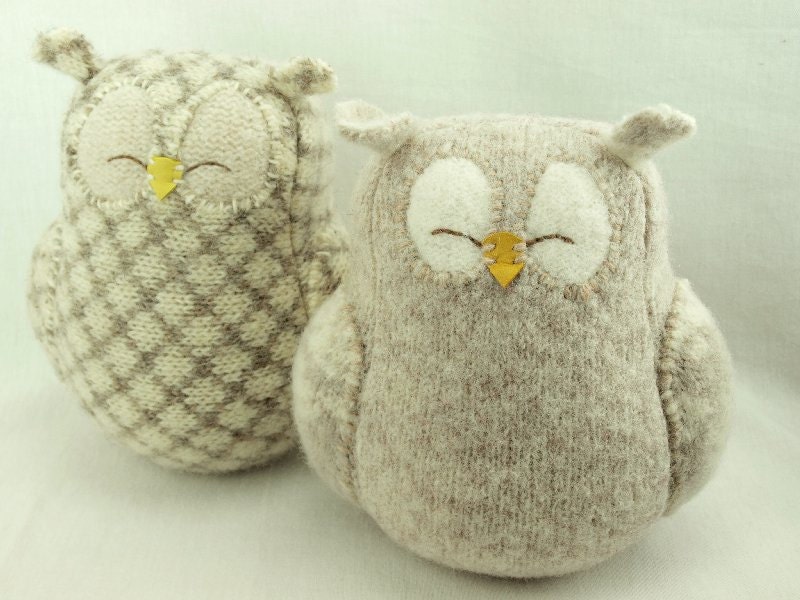 Felt Owl Ornament Eco Friendly Home Decor Owl Light Beige Felted Wool Lamb Wool Stuffing Upcycled Height 7"
