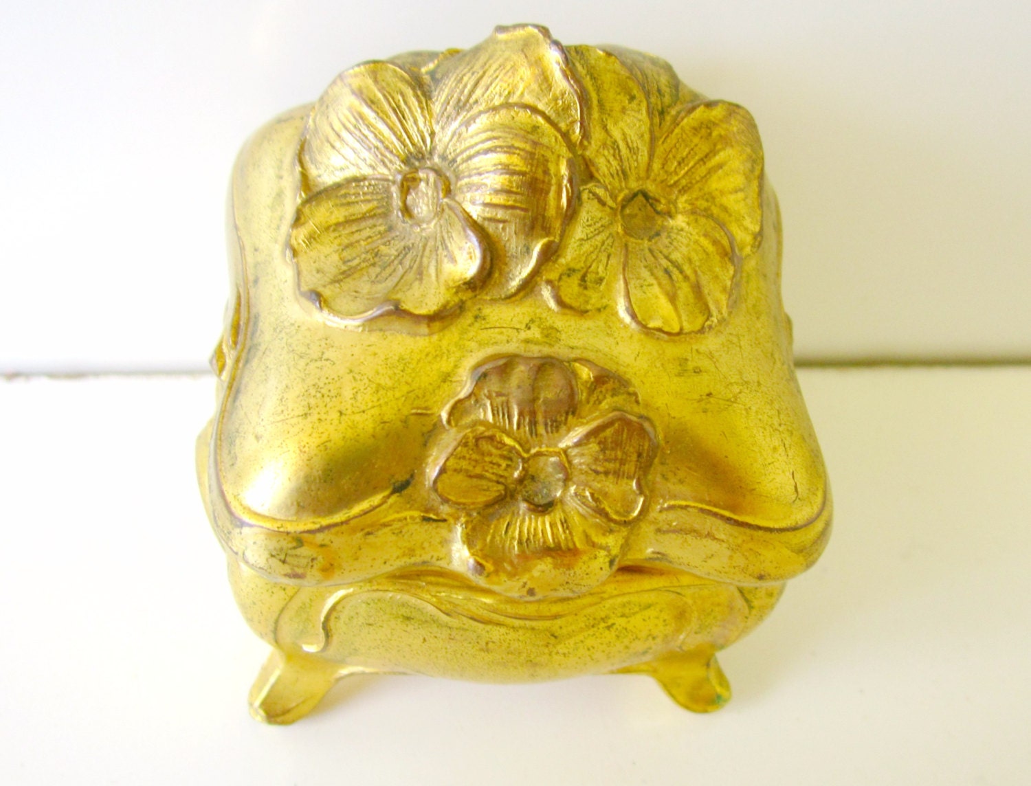 Art Nouveau Ring Box Pansies Jewelry Casket Box Gilt Jewelry Box
