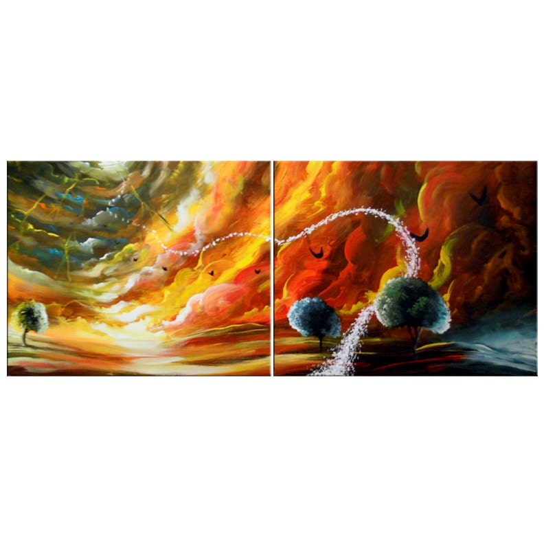 art painting surreal impressioniat abstract original painting acrylic cloud stars tree painting sunset 16 x 40 Mattsart