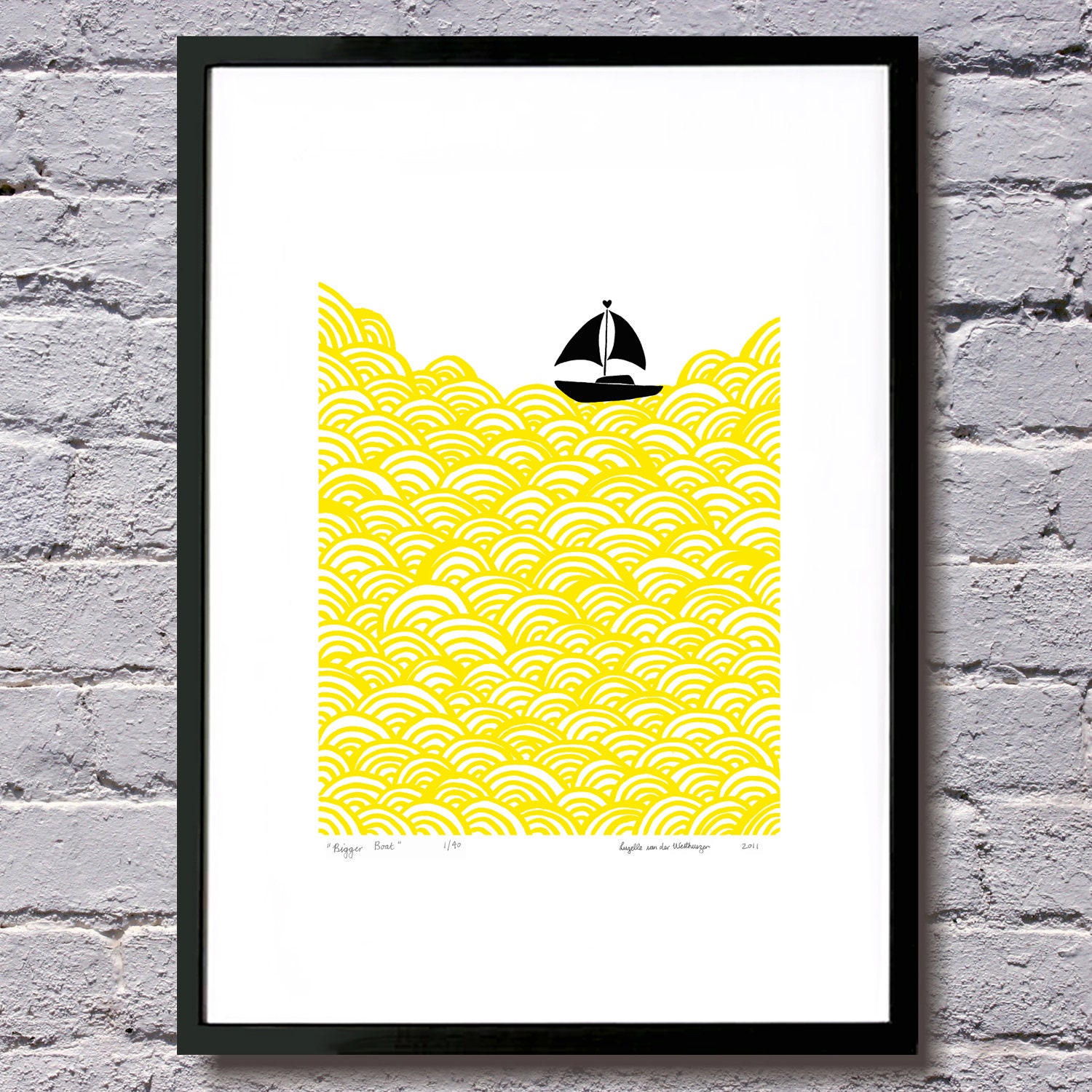 A3 size bigger boat screen print yellow waves