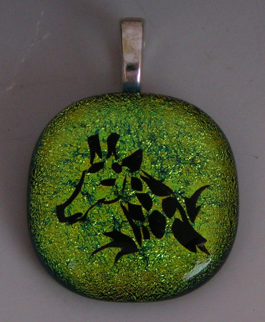 Greenish Gold Giraffe Pendant Dichroic Fused Glass Jewelry w/ cord