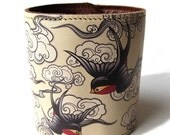 Leather cuff  -  Cherry blossom and Swallows